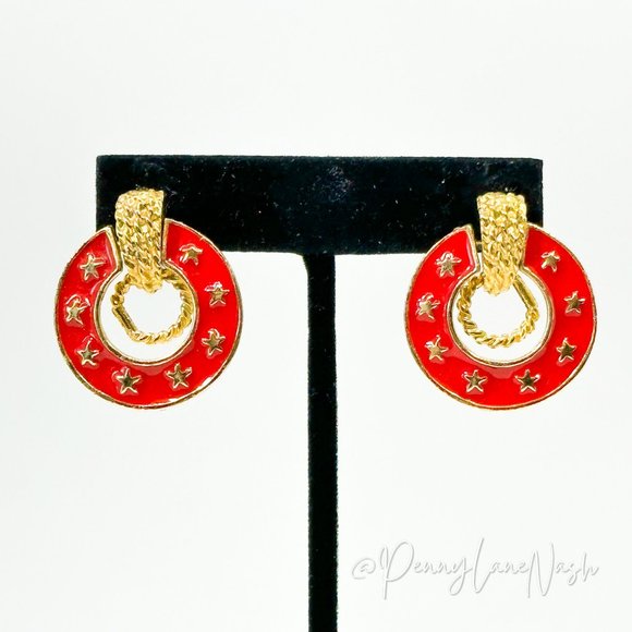 Vintage Jewelry - Vintage Golden Star in Red Bulls Eye Earrings